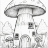 A whimsical mushroom-shaped house surrounded by smaller mushrooms and trees, featuring a round door and windows.