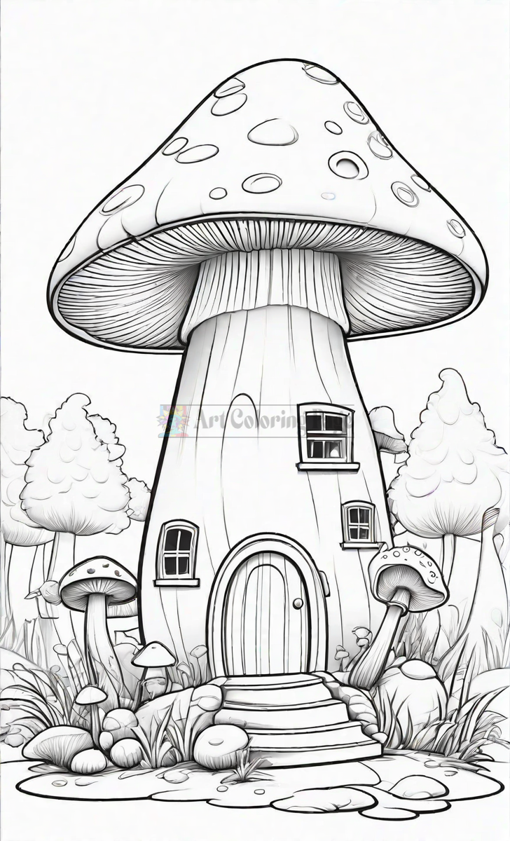 A whimsical mushroom-shaped house surrounded by smaller mushrooms and trees, featuring a round door and windows.