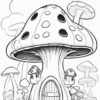 A whimsical mushroom house surrounded by smaller mushrooms, with a round door and playful details on the exterior.