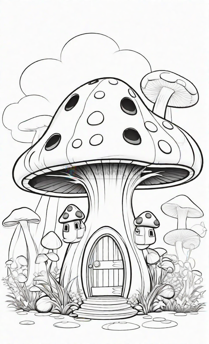 A whimsical mushroom house surrounded by smaller mushrooms, with a round door and playful details on the exterior.
