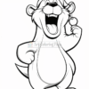 A cartoon otter character with a big smile, wearing a hat and holding a small object, outlined for coloring.