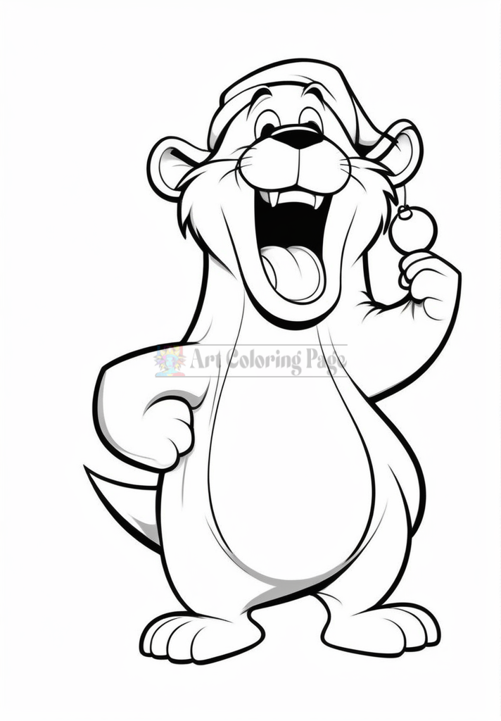 A cartoon otter character with a big smile, wearing a hat and holding a small object, outlined for coloring.