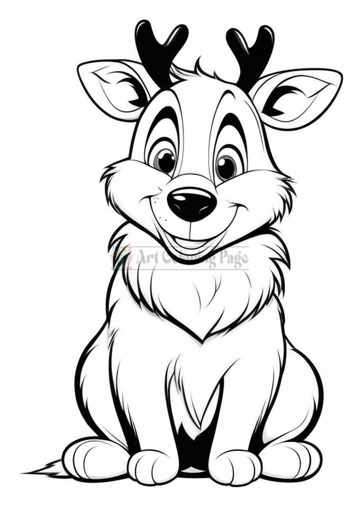 A cheerful cartoon reindeer with big antlers and a fluffy mane, sitting down and smiling happily.