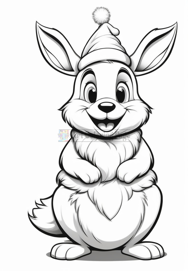 Happy cartoon rabbit wearing a Santa hat, smiling with big eyes and fluffy fur, standing upright with paws together.