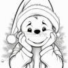 A cheerful cartoon bear wearing a Santa hat, resting its chin on its hands, surrounded by festive decorations.