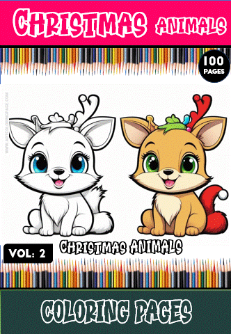 Cute cartoon animals with Christmas elements, featured on a coloring book cover labeled "Christmas Animals" and "Volume 2".