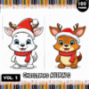 Two cartoon animals in festive hats, labeled 