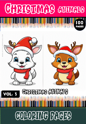 Two cartoon animals in festive hats, labeled "Christmas Animals," with a colorful border representing coloring book themes and 100 pages available on artcoloringpage.com.