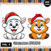 Coloring page featuring two cheerful animals, one resembling a bunny and the other a corgi, both wearing Christmas hats. The design promotes artcoloringpage.com and highlights a coloring book series titled