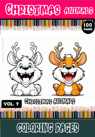 Two cheerful animal characters with antlers, titled "Christmas Animals," featured on a coloring book cover for artcoloringpage.com, showcasing coloring pages.