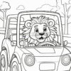 A cartoon lion driving a small car on a road, surrounded by trees and clouds.