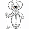 A smiling clown holding a flower, wearing a big red nose and colorful clown outfit with oversized shoes.