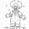 A cheerful clown with a big smile, wearing a polka-dotted suit and bow tie, standing in a grassy area with butterflies around.