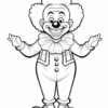 Clown character with a big afros hair, large nose, and a bow tie, smiling and welcoming with outstretched arms.