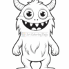 Cute cartoon monster with big eyes, horns, and a fluffy body, standing with a friendly smile.