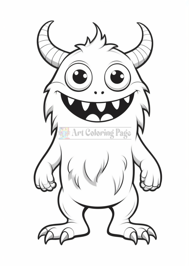 Cute cartoon monster with big eyes, horns, and a fluffy body, standing with a friendly smile.