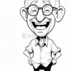 A cheerful cartoony character with glasses and a broad smile, wearing a button-up shirt and standing with hands on hips.