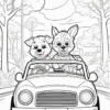 Two cartoon animals, a dog and a fox, are happily seated in a convertible car, driving through a scenic tree-lined road.