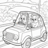 A cartoon raccoon and a squirrel driving a small car on a road with palm trees and hills in the background.