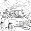 A cartoon dog driving a small car with a passenger dog, surrounded by trees and hills in a coloring page style.