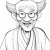 Elderly man with round glasses, a bald head, and a topknot hairstyle, smiling while wearing traditional robes.