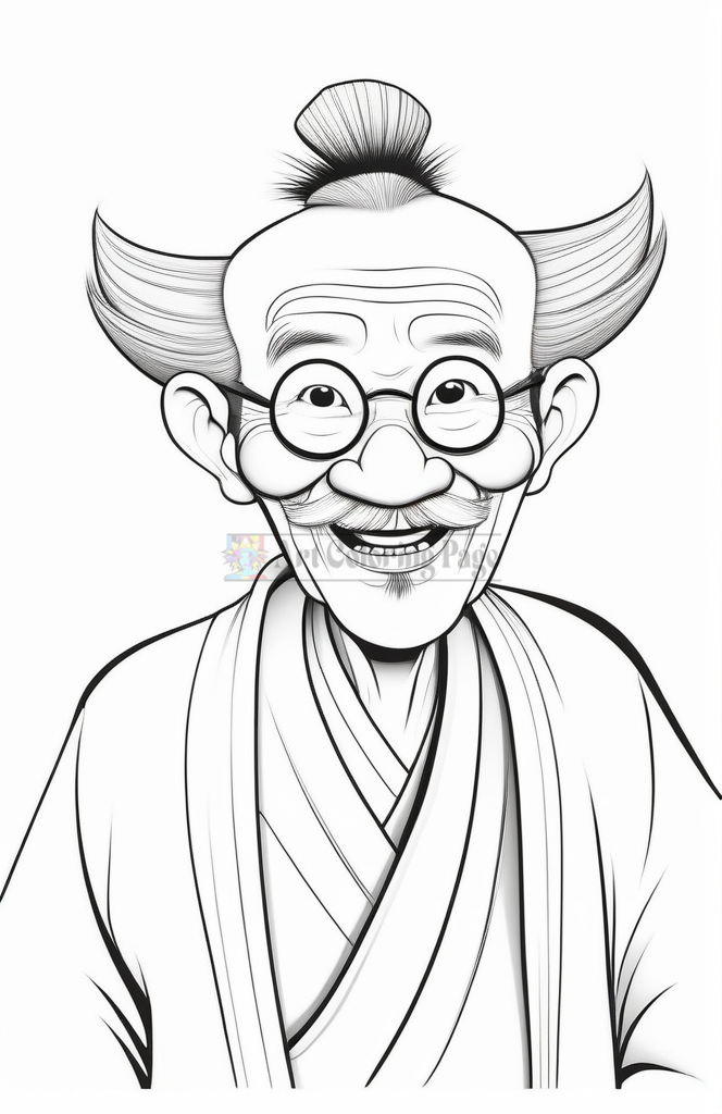 Elderly man with round glasses, a bald head, and a topknot hairstyle, smiling while wearing traditional robes.