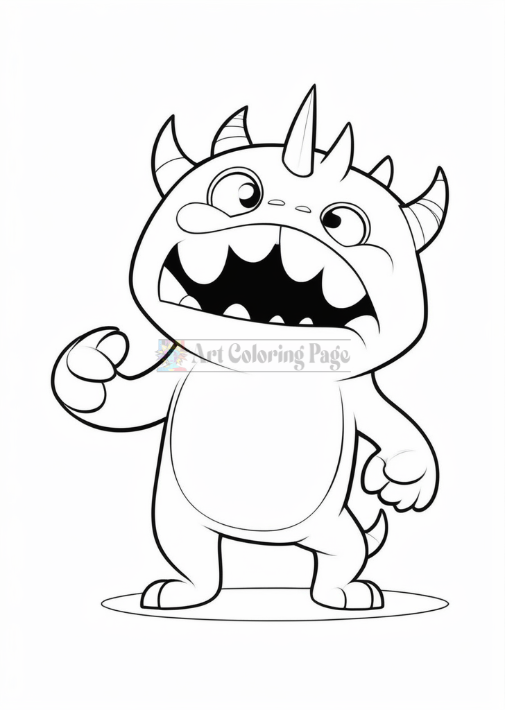 A cartoon creature with a round body, sharp horns, and an open mouth, showing sharp teeth, standing with a raised fist.