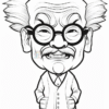 A cartoon-style character with large glasses, wild hair, and a wide smile, wearing a lab coat with a playful expression.