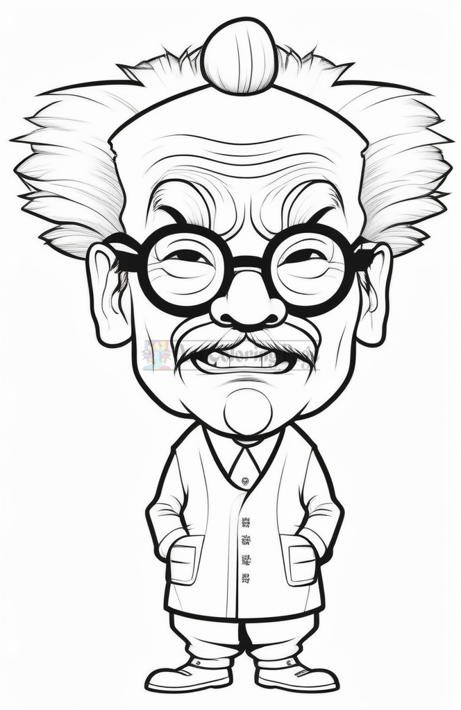 A cartoon-style character with large glasses, wild hair, and a wide smile, wearing a lab coat with a playful expression.