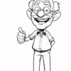 A cheerful elderly man with glasses, a mustache, and a big smile giving a thumbs up, wearing a button-up shirt and pants.