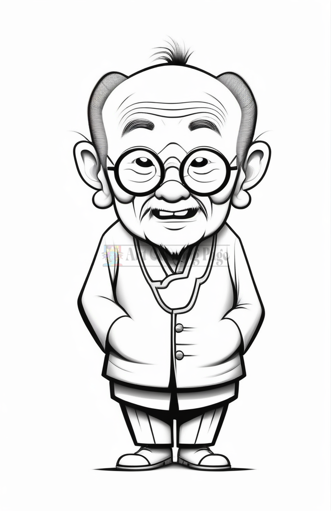A cartoon character of an elderly man with glasses, a bald head, and a small ponytail, wearing a traditional outfit.