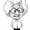 A cartoon character resembling an elderly woman with curly white hair, large glasses, and a friendly smile, wearing a buttoned cardigan and black pants.