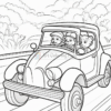 Three children are riding in a classic convertible car on a scenic road, surrounded by trees and clouds.