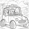 A cartoon squirrel and a bear drive a small car through a landscape with trees and hills.