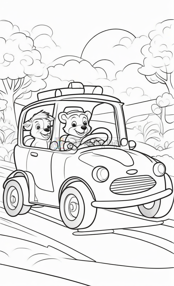 A cartoon squirrel and a bear drive a small car through a landscape with trees and hills.