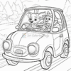A cartoon car driven by two cheerful animal characters, with a scenic background featuring hills and trees.