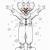 A cheerful clown with a big smile, wearing a polka-dot outfit and oversized shoes, surrounded by colorful confetti and flowers.