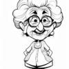 A cartoon-style elderly woman with glasses, curly hair, smiling, wearing a patterned dress and sneakers, hands on her hips.