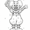 A cheerful clown with a big smile, wearing polka-dotted overalls, holding flowers, and surrounded by bubbles.