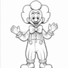 A happy cartoon clown with curly hair, wearing a bow tie and overalls, stands with arms open wide, ready for fun.