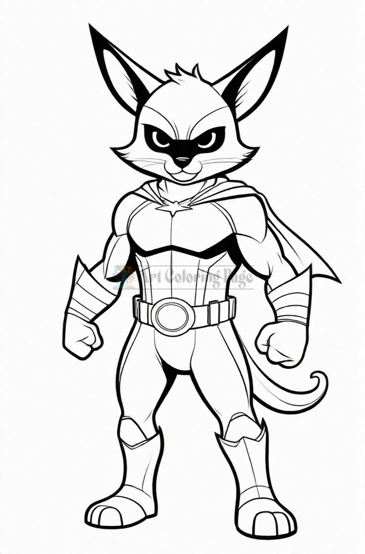A muscular anthropomorphic cat superhero with a cape and determined expression, designed for coloring.