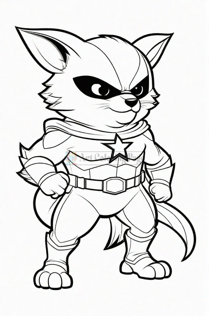 A cartoon-style character resembling a cat or dog in a superhero costume, complete with a cape and mask, stands confidently with its paws on its hips.