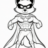A superhero raccoon with a cape and mask, flexing muscles confidently, in a black and white coloring page style.
