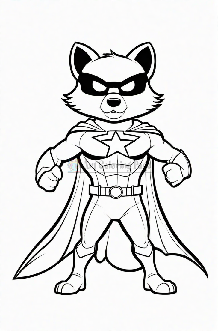 A superhero raccoon with a cape and mask, flexing muscles confidently, in a black and white coloring page style.