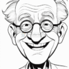 Smiling elderly man with glasses and a bald head, wearing a collared shirt. The character has a joyful expression.