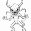 A menacing cartoon alien creature with large eyes, sharp teeth, and prominent horns, showcasing a scaly body and long tail.