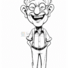 A cheerful elderly man with glasses and a big smile, wearing a shirt, suspenders, and pants, standing with hands in pockets.
