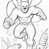 A superhero with a muscular build, wearing a cape and boots, charges forward with two animal companions, a wolf and a small animal.