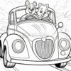 A bear and a hedgehog happily driving a vintage car on a scenic road, with hills and clouds in the background.