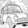 A cartoon bear driving a small car with animal friends, including a deer and two raccoons, enjoying a scenic ride.